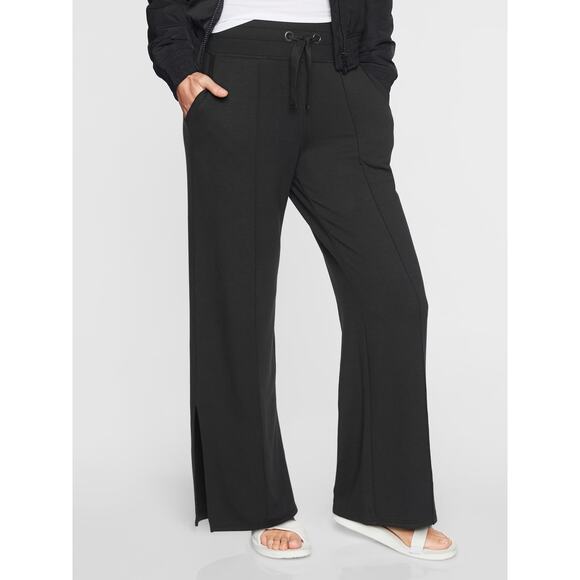 Athleta Sierra Black Wide Leg Modal Jersey Side Slit Casual Pants SZ L - Picture 1 of 14